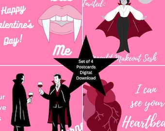 Juego de postales de San Valentín de vampiros, Set de 4, Tarjeta de San Valentín, Colmillos, Latido del corazón, Valloween, San Valentín gótico, Gótico femenino, San Valentín divertido