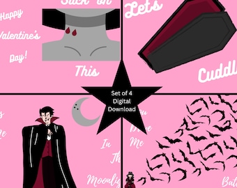 Juego de postales de San Valentín vampiro, juego de 4, tarjeta del día de San Valentín, Batty, ataúd, Valloween, San Valentín gótico, gótico femenino, San Valentín divertido