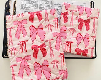 Handmade Quilted Cotton Bible Cover with Pink Bow - Bible Protector