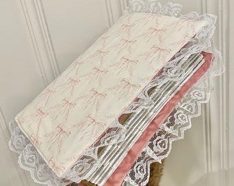 Handmade Bible cover quilted with lace trim pink white bows