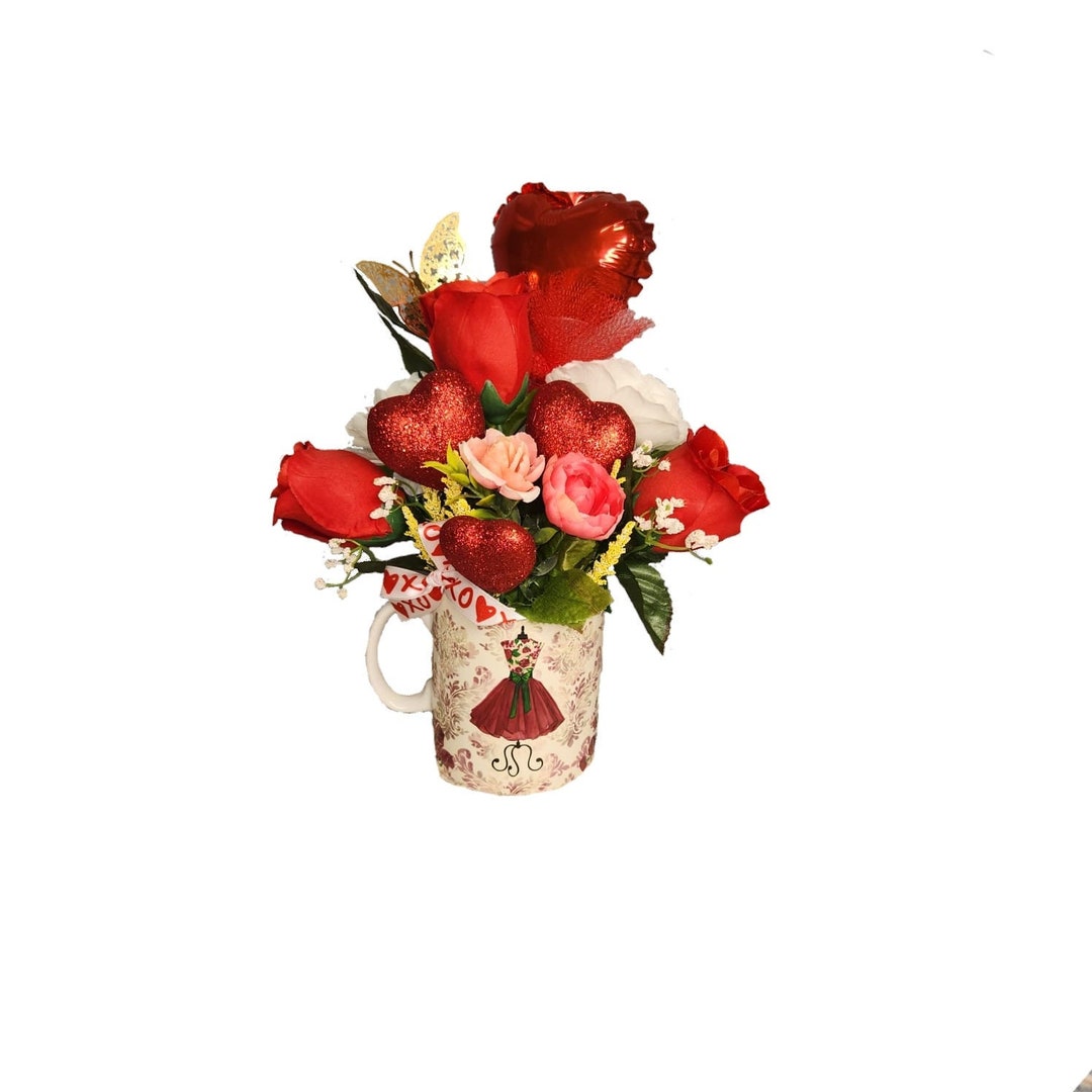 Mug Flower Arrangement, Rose Flower Arrangement, Valentines Gift