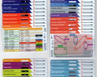 May include: A set of 10 colorful laminated cards with medical information for nurses and other healthcare professionals. The cards cover topics such as pain assessment, vital signs, ECG interpretation, medication administration, and respiratory care. Each card features a different color and includes text and diagrams.