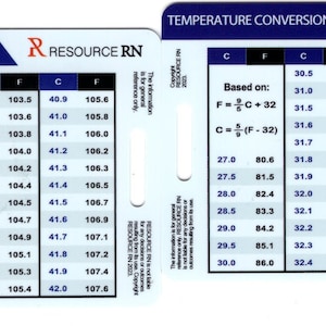 Temperature Conversion From Celsius to Fahrenheit Reference Card for RN, PA, EMT, Horizontal and Vertical Option