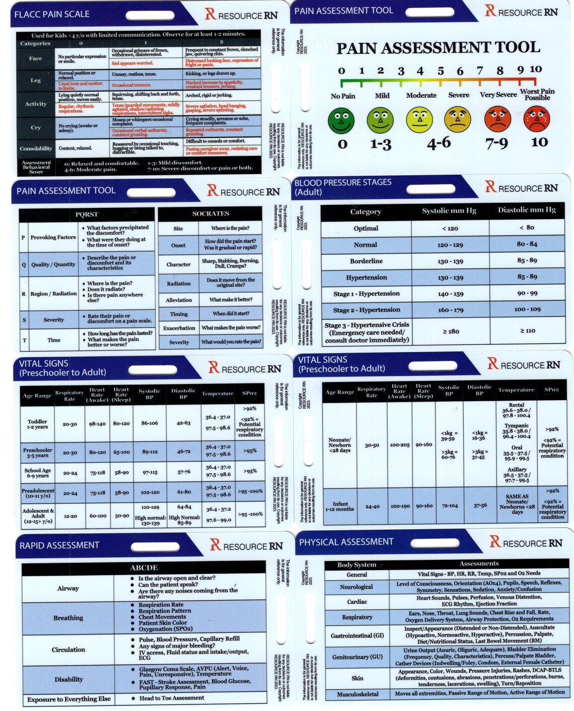 RN Assessment Reference Cards: Vital Signs, Physical & Pain Assessment - Etsy