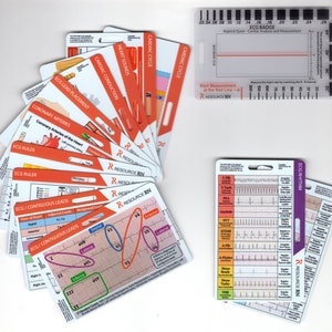 May include: A set of 10 laminated medical reference cards for nurses. The cards are color-coded and feature diagrams and text about cardiac rhythms, ECG leads, coronary arteries, and heart sounds. The cards are designed to be used as a quick reference guide for nurses.