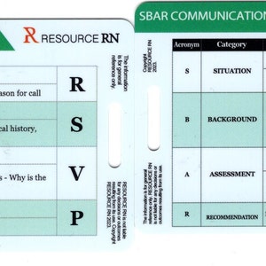 Sbar/Rsvp Communication Reference Card for RN, PA, EMT, Horizontal and Vertical Option