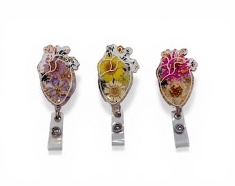 Floral Heart Resin Badge Reel | Retractable ID Holder for Nurses, Teachers