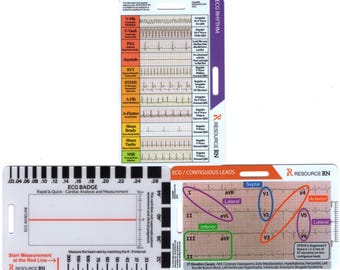 May include: Three medical reference cards for ECG rhythm, cardiac analysis, and contiguous leads. The cards feature diagrams, text, and color-coded sections for quick reference. The ECG badge includes a ruler for measuring heart rate.