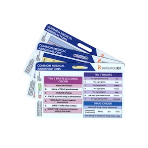 May include: A set of stacked, rectangular medical reference badge cards with rounded corners. The top card features the text Common Medical Abbreviations, The 7 Parts of a Drug Order, and The 7 Rights, including a sample drug order for Metoprolol.