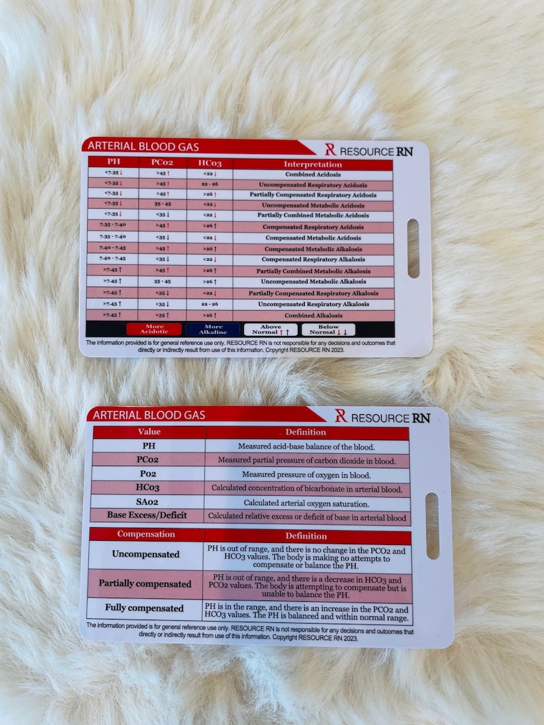 May include: Two laminated cards with a red and white border. The cards are titled "Arterial Blood Gas" and contain a table with information about blood gas values and their interpretation. The cards are designed for medical professionals.
