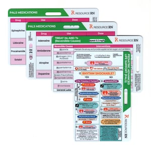 K&ouml;nnte beinhalten: Ein Satz von Pediatric Advanced Life Support (PALS) Referenzkarten. Die Karten sind wei&szlig; mit gr&uuml;nen und rosa Akzenten und enthalten medizinische Informationen zu Medikamenten, reversiblen Ursachen und Interventionen. Der Text enth&auml;lt "PALS Medications" und "Resource RN."