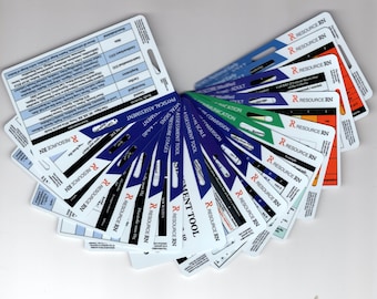 May include: A set of 14 colorful laminated cards with the text "R RESOURCE RN" printed on each card. The cards are fanned out in a circular pattern. Each card has a different color and features a different medical assessment tool.