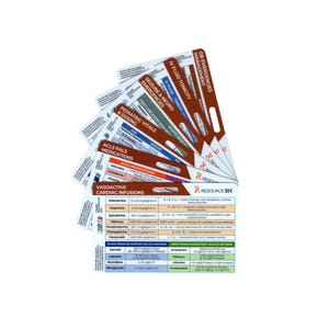 May include: A set of white medical reference cards fanned out, featuring color-coded sections for Vasoactive Cardiac Infusions, ACLS PALS Medications, Pediatric Vitals, Seizure & Neuro Emergencies, IV Fluid Tonicity, and OB Emergencies Management.