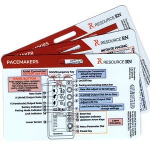 May include: A red and white laminated card with the text "RESOURCE RN" and a diagram of a pacemaker with labeled buttons and functions. The card includes instructions for using a pacemaker, including how to initiate pacing and adjust the rate.
