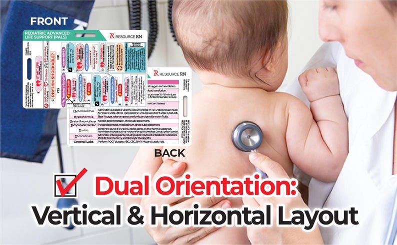 K&ouml;nnte beinhalten: Ein Arzt untersucht ein Baby mit einem Stethoskop. Das Bild zeigt eine PALS-Referenzkarte mit dem Text "Pediatric Advanced Life Support (PALS)" und "Dual Orientation: Vertical & Horizontal Layout."