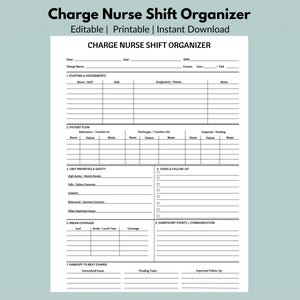 Può includere: Un documento Charge Nurse Shift Organizer bianco con testo e linee nere. Il modulo include sezioni per il personale, il flusso dei pazienti, le priorità dell'unità, le attività, le pause, gli eventi significativi e il passaggio di consegne.
