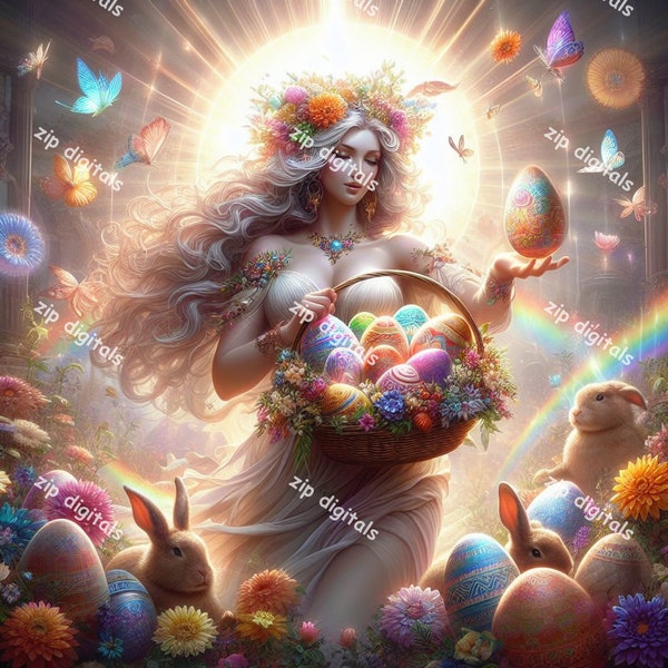 Beautiful Fantasy Goddess with Rabbits and Easter Eggs Digital Image "AI Generated Digital Image" Easter003