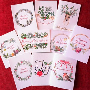 Lot de 10 cartes de voeux de Noël. Dessins originaux peints à l'aquarelle - Botanique - Carte imprimée - Intérieur vierge.
