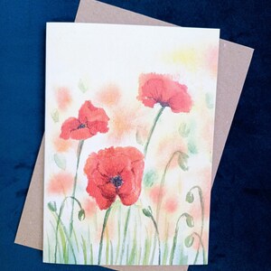 Red Poppy Field Watercolor Greeting Card. Original Watercolor painted design - Botanical - Printed card -Blank inside.