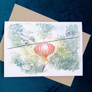 Red Lantern Watercolor Greeting Card. Original Watercolor painted design - Botanical - Printed card -Blank inside.