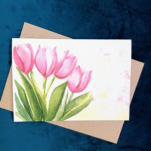 Pink Tulips Watercolor Greeting card. Original Watercolor painted design - Botanical - Printed card - Blank inside.