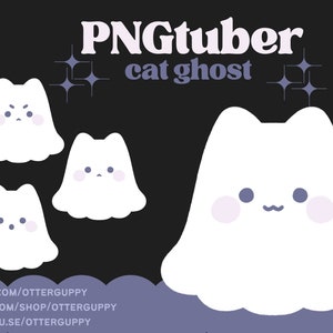 Könnte beinhalten: Vier weiße Katzengeist-Illustrationen mit rosa Wangen und schwarzen Augen. Der größere Geist hat einen kleinen Schnurrbart. Der Text "PNGtuber cat ghost" befindet sich oben im Bild.
