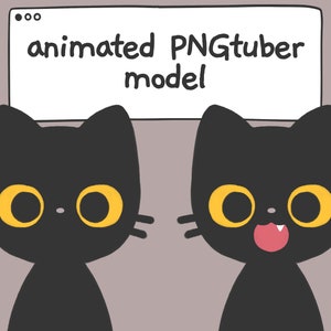Black Cat PNGtuber Vtuber Model, klaar om Streamer Avatar te gebruiken, voor OBS Twitch Youtube Streamlabs, Cute Kawaii reactief pratend beeld