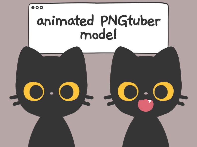 Op de afbeelding: Geanimeerd PNGtuber-model met een zwarte kat met gele ogen en een roze tong die uitsteekt. De tekst "geanimeerd PNGtuber-model" staat boven de kat.