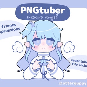 May include: A digital illustration of a blue-haired anime character with a white halo, holding a video game controller. The character is wearing a white sweater with a blue collar and has a light blue background. The text "PNGtuber mizuiro angel" is at the top of the image. The text "24 frames 6 expressions" is in the top left corner. The text "veadotube mini file included!" is in the bottom right corner. The text "@otterguppy" is in the bottom left corner.