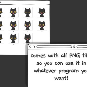 Op de afbeelding: Een set van 10 zwarte katten cartoon afbeeldingen met verschillende uitdrukkingen, waaronder gesloten ogen, open mond en tong uitsteken. De afbeeldingen worden weergegeven in een webbrowservenster met de tekst "comes with all PNG files so you can use it in whatever program you want!"