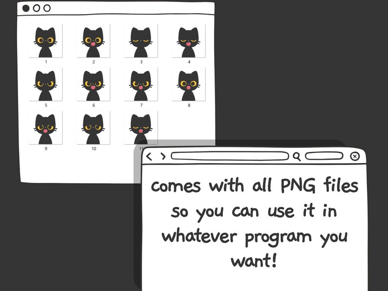 Op de afbeelding: Een set van 10 zwarte katten cartoon afbeeldingen met verschillende uitdrukkingen, waaronder gesloten ogen, open mond en tong uitsteken. De afbeeldingen worden weergegeven in een webbrowservenster met de tekst "comes with all PNG files so you can use it in whatever program you want!"