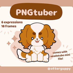 May include: PNGtuber, a digital illustration of a brown and white cartoon dog with 6 expressions and 18 frames. The dog is sitting with its tongue sticking out. The text "comes with veadotube mini file!" is below the dog. The text "@otterguppy" is at the bottom of the image.