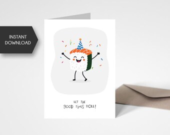 Tarjeta de cumpleaños imprimible divertida - Tarjeta de felicitación - Descarga digital - Feliz cumpleaños rollo de sushi