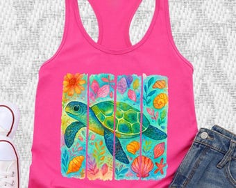 Camiseta sin mangas bohemia de tortuga marina: ropa náutica de playa para el verano