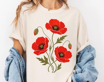 Comfort Colors® Vintage Poppy Flower Graphic Tee, Botanical Nature Art, Floral Shirt Top