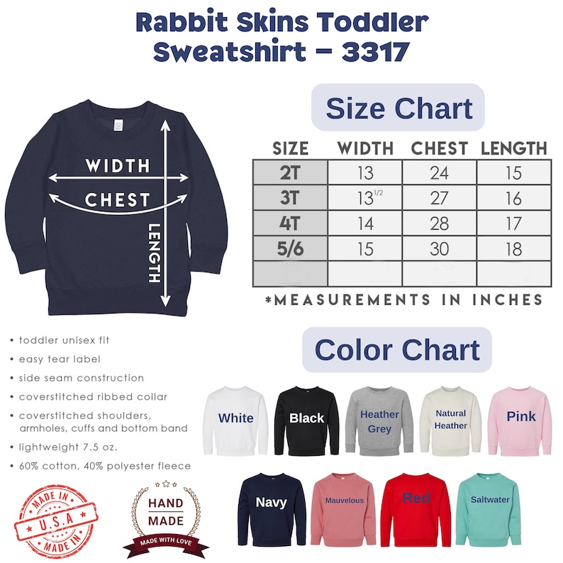 The image is a size chart for a rabbit skins toddler sweatshirt, showing measurements in inches and color charts for various sizes.