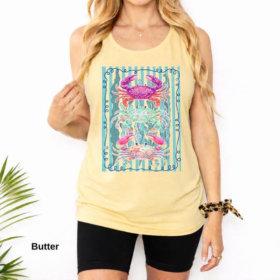 Comfort Colors® Colorful Crab Tank Top, Coastal Beach Shirt, Women’s Summer Top, Ocean Lover Gift, Vacation Graphic Tank for Her