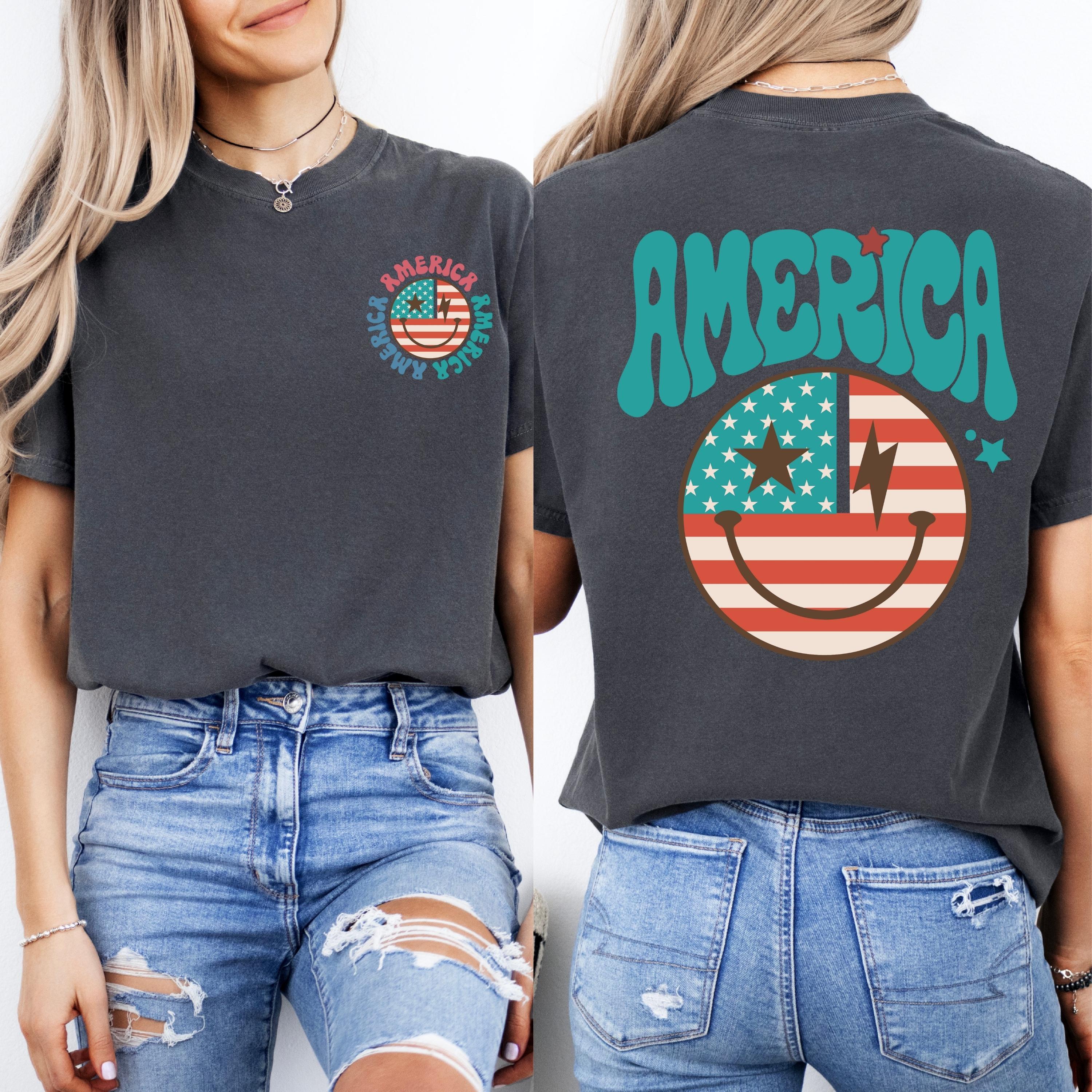 Comfort Colors® 4th of July 2-Sided Shirt, Super Soft Cotton USA Shirt for Women, Stars Stripes USA Flag, Patriotic Red White Blue Tee