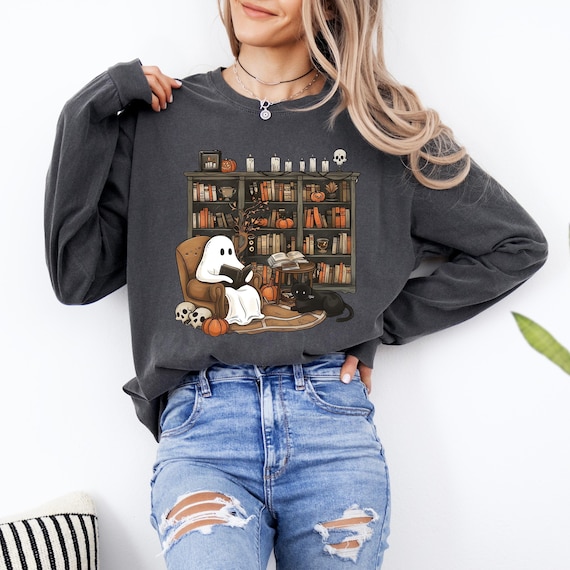 Retro Ghost Librarian Shirt: Comfort Colors Halloween Long Sleeve