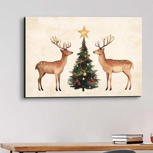 Vintage Reindeer Christmas Tree, Ready To Hang Canvas Wall Art Print, Holiday Art, Christmas Wall Art, Wall Art, Home Decor