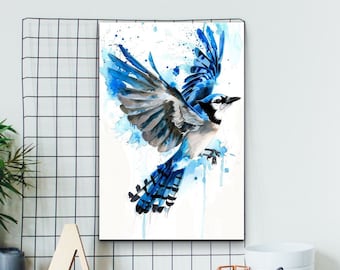 Acuarela Blue Jay listo para colgar lienzo arte de la pared, arte de aves, listo para colgar lienzo, decoración del hogar, arte de la pared