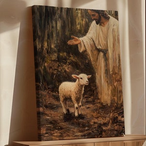 Jesus with a Lost Lamb - Inspiring Christian Canvas Art Depicting Divine Compassion and Care for the Lost and Found