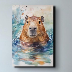 Capibara aquarel klaar om op te hangen Premium canvas muurkunstprint, muurkunst, capibara muurkunst, dieren muurkunst