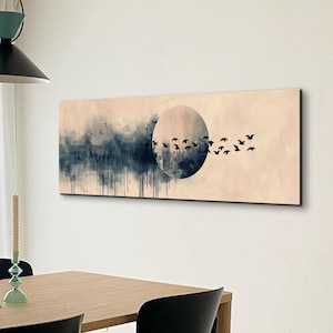 Japandi Style Muted Tone Bird & Moon Ready To Hang Panoramic Canvas Wall Art Print, Large Canvas Wall Art
