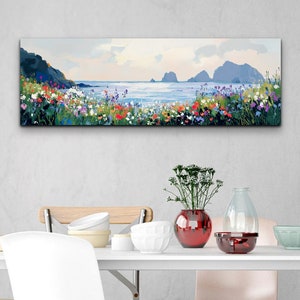 Beautiful Serene Ocean Wild Flowers Landscape, Tranquil Landscape Art, Ready To Hang Panoramic Canvas Wall Art Print, Large Canvas Wall Art