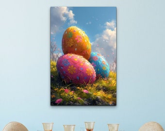 Easter Egg Oil Painting Canvas Print, Vintage Spring Decor, Happy Easter Day Decor Ready To Hang Portrait Canvas