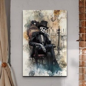 Gentleman Skeleton Dark Academia Halloween Ready To Hang Canvas Wall Art Prints, Skeleton Art, Gothic Art, Spooky Season Artwork