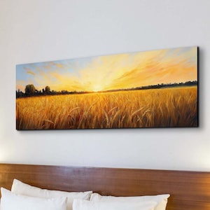 The Original Serene Wheat Landscape, Tranquil Landscape Art, Ready To Hang Panoramic Canvas Wall Art Print, Large Canvas Wall Art