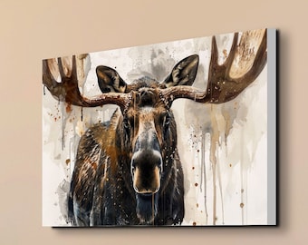 Aquarelle orignal canadien prêt à accrocher toile d'art mural, art mural orignal, art mural, toile d'art mural, décoration d'intérieur