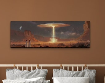 Panorama Mid Century Modern 1950er UFO Zeigen Bereit zum Aufhängen Bunte Leinwand Wandkunst, Alien Kunst, UFO-Kunst